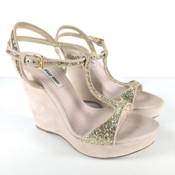 MIU MIU MADE IN ITALY 🇮🇹 Suede Glitter Accents T-Strap Wedge Sandals Size 38